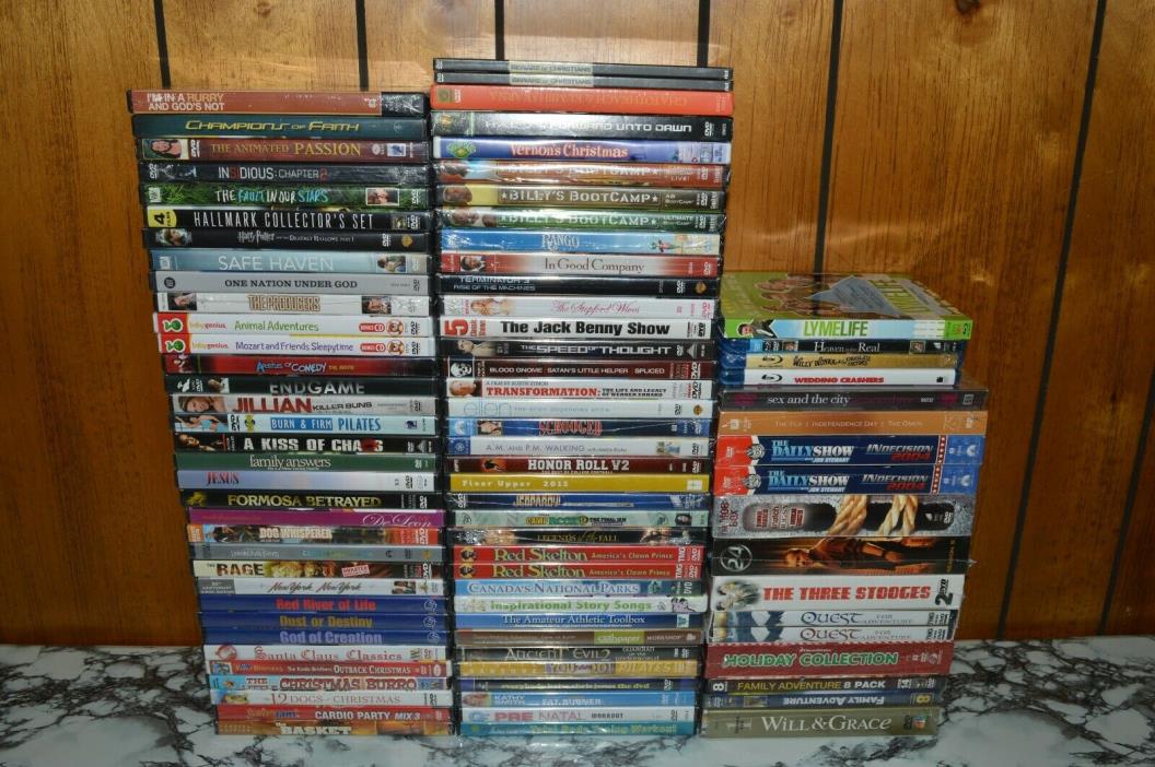 LOT OF (70) NEW Sealed DVDs + (4) Blu-Rays + (11) DVD Box Sets - (Movies Videos)