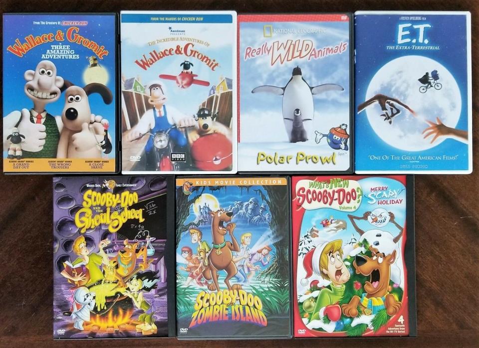 Lot of 7 Children's DVDs 3 Scooby-Doos, 2 Wallace & Gromit, E.T., Polar Prowl