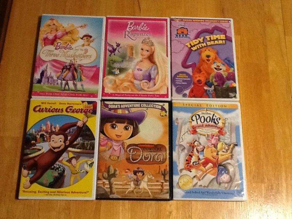 Lot Of 6 Children's DVD's Barbie, Dora, Pooh, Bear In The Big Blue House & Curio