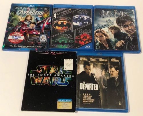 Lot of 5 Blu-Rays, 8 Movies; Harry Potter, Avengers, Star Wars, Batman, Departed