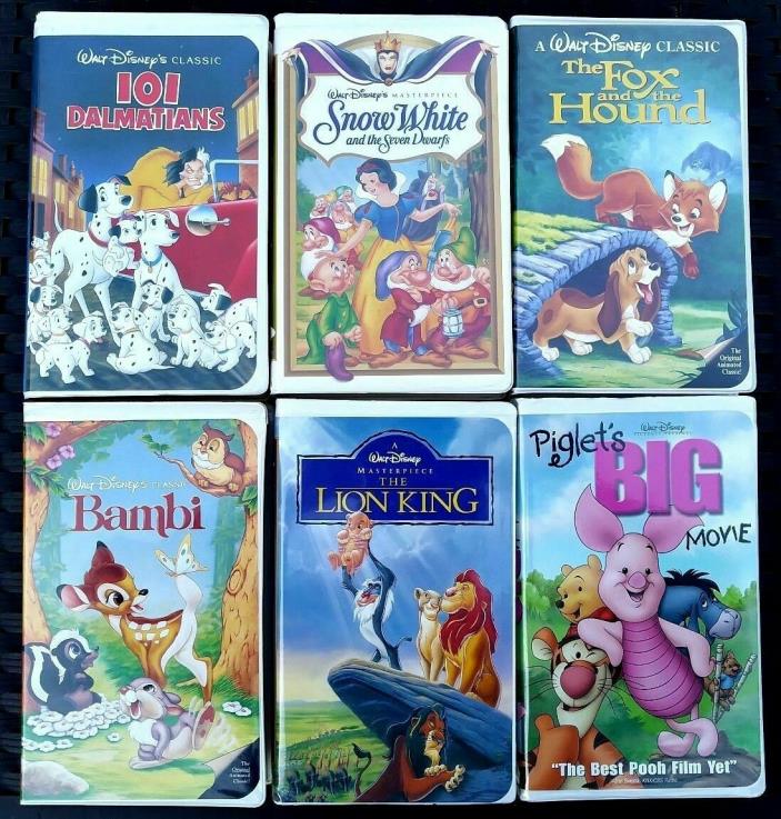Disney 6 VHS Lot Black Diamond Bambi Fox Hound Dalmatians + Snow White Lion King