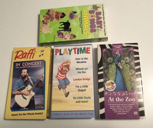 4 VHS Tapes Raffi in Concert~Playtime~At the Zoo Sing-a-Long~Baby Songs Animals