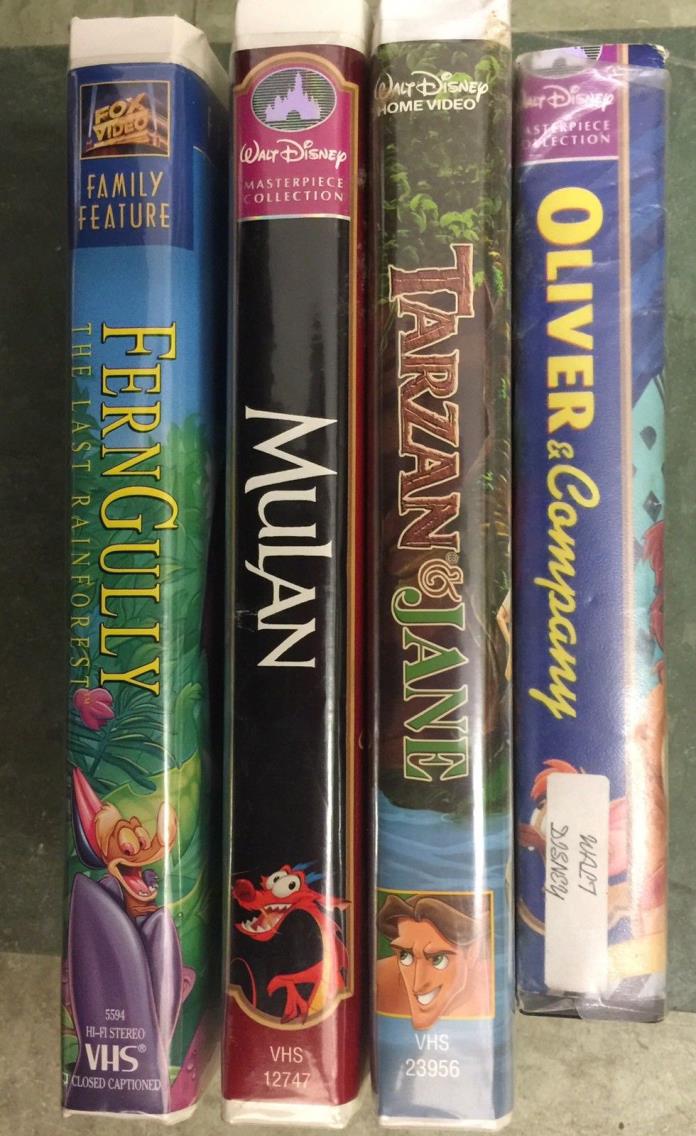 4 Classic Walt Disney VHS Movies: Tarzan & Jane, FernGully, Mulan, & Oliver & Co