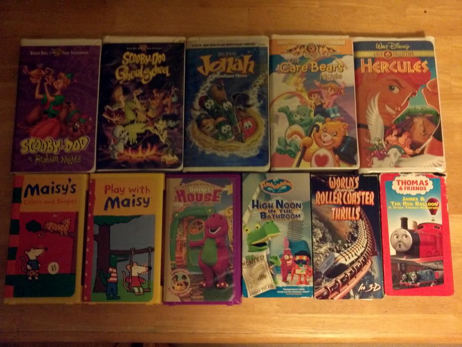 11 Kid's VHS Tapes, Hercules, Care Bears Scooby Doo, Maisy, Barney, Thomas, More
