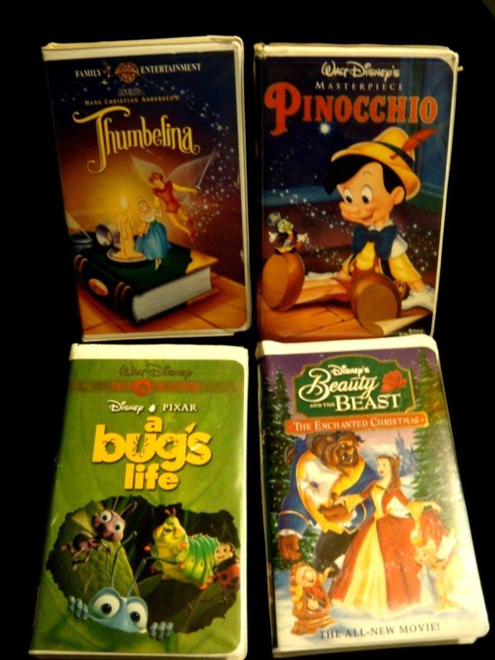 4 Disney VHS Movies pre owned Pinnochio bugs life Thumbelina B & B original boxs
