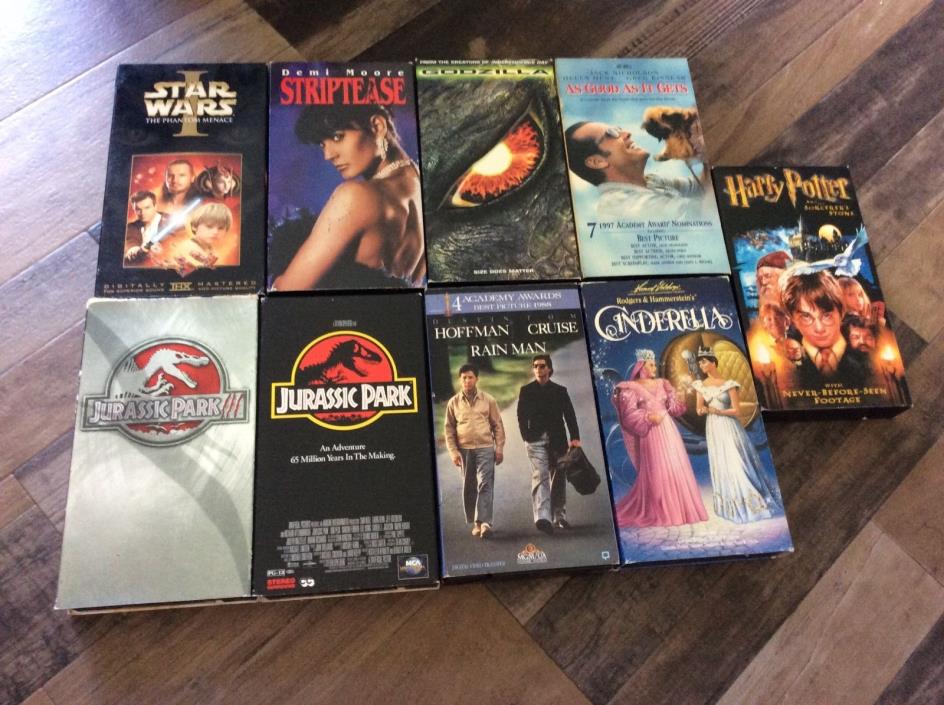 9 VHS Godzilla, Rain Man, Cinderella, Striptease, Jurassic Park, Harry Potter,