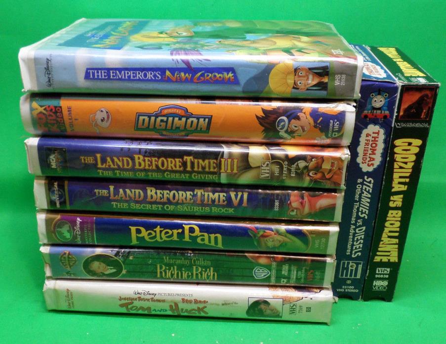 VHS Lot of 9 New Groove, Digimon, The Land Before Time vol.3,5, Peter Pan, Richi