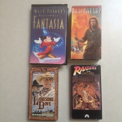 Lot of 4 Classic VHS Video Movies, Fantasia, Braveheart, Lonesome Dove & Raiders