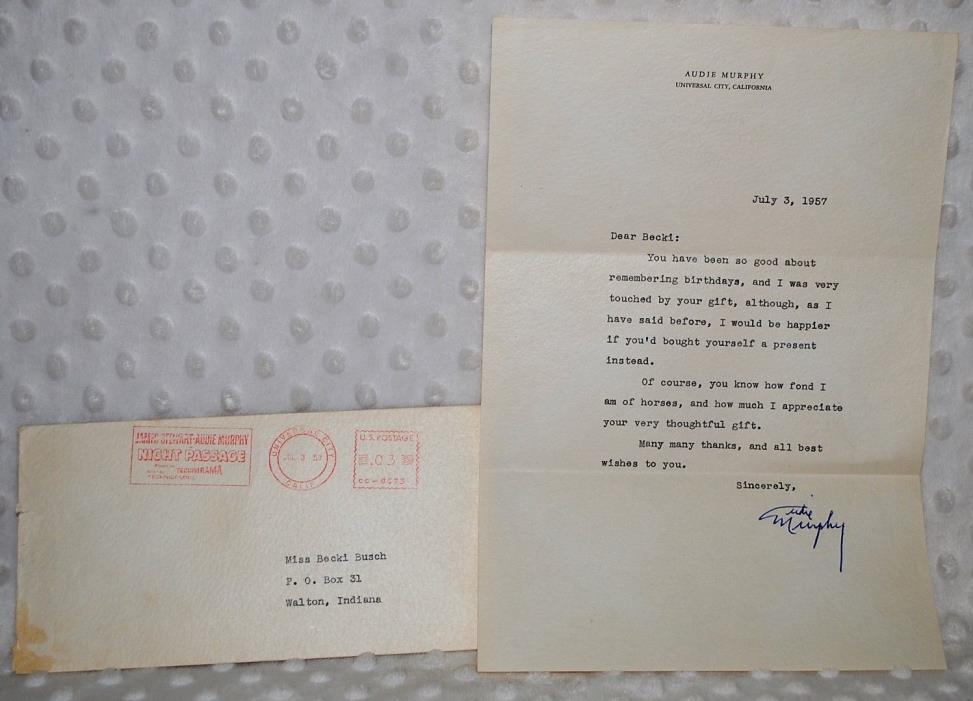 Audie Murphy Signed Typed Letter on Stationary w/ Envelope 1957