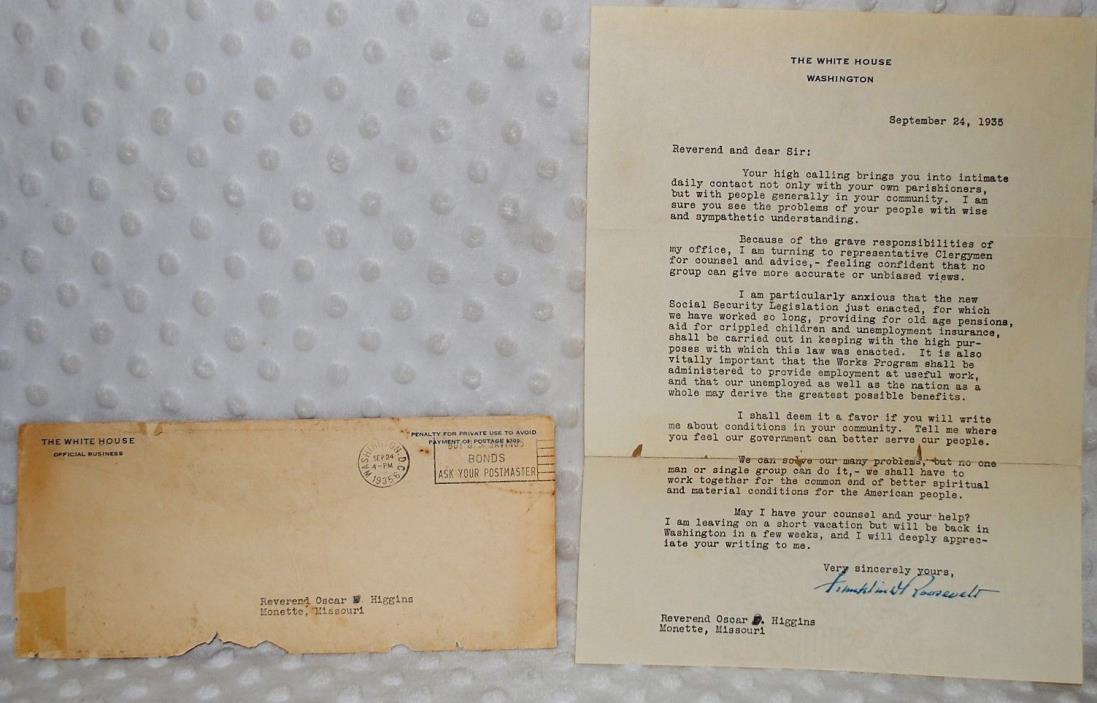 Franklin Roosevelt Signed Typed Letter White House Stationary w/ Envelope 1935