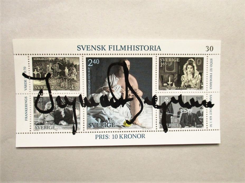 INGMAR BERGMAN HAND SIGNED on SHEET of SWEDISH FILM HISTORY STAMPS Very Cool