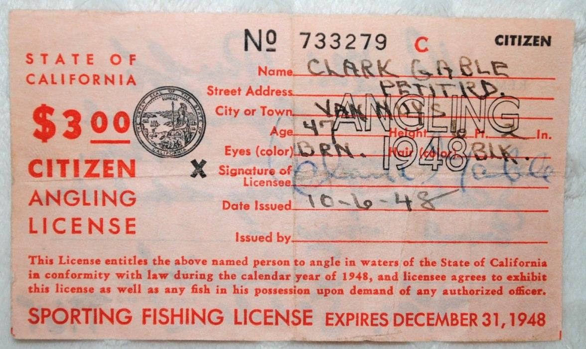 CLARK GABLE SIGNED TWICE FISHING LICENSE 1948, Authenticated Kay Williams Gable