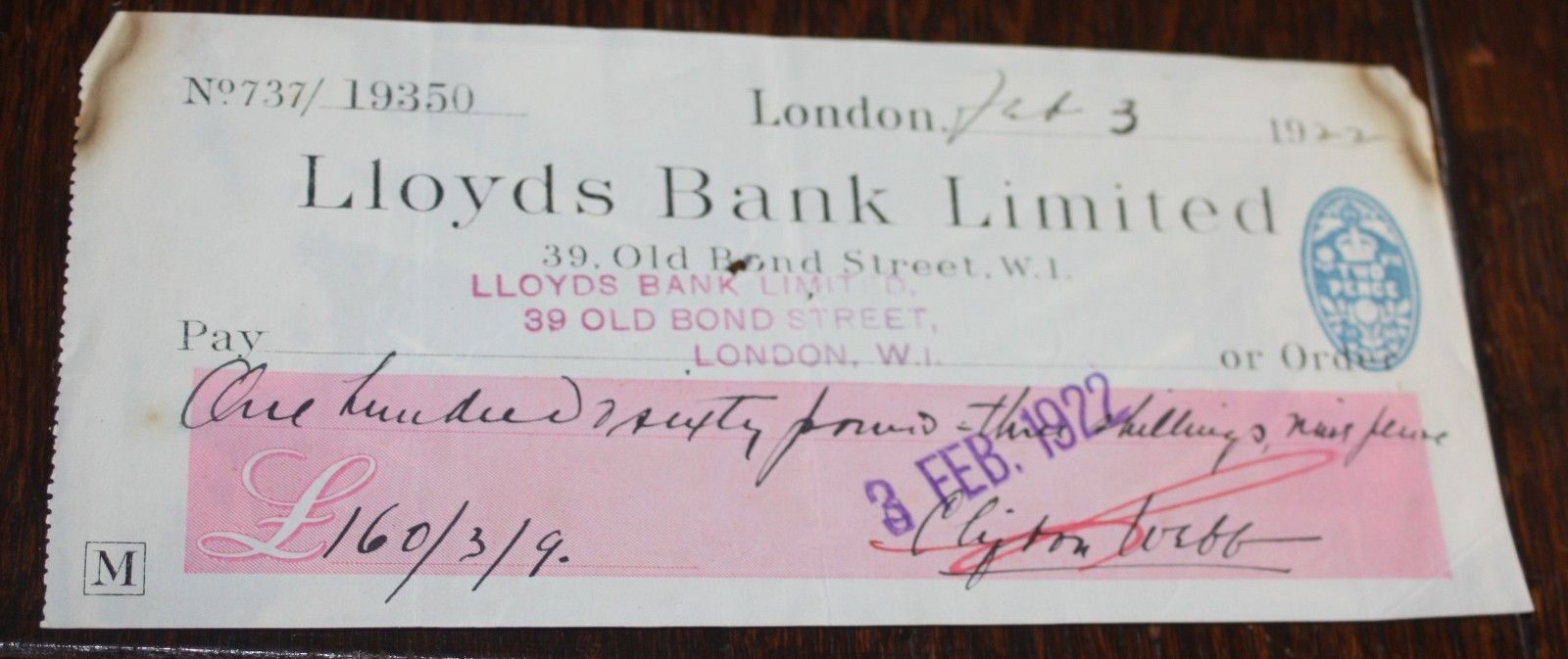 9CLIFTON WEBB check signed 1922 LOWER PRICE