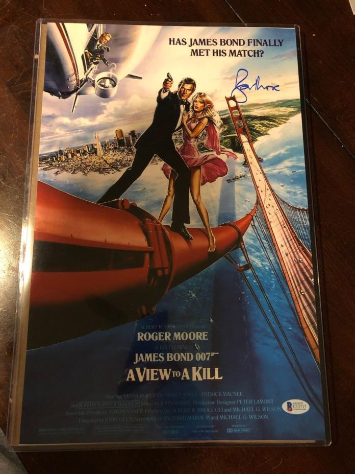 Roger Moore signed A View to A Kill 11X17 mini movie poster - BAS STICKER ONLY