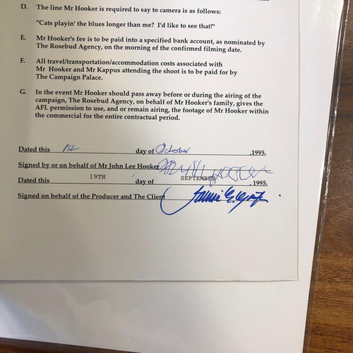 JOHN LEE HOOKER Signed Contract Australian Football League Autographed Twice COA