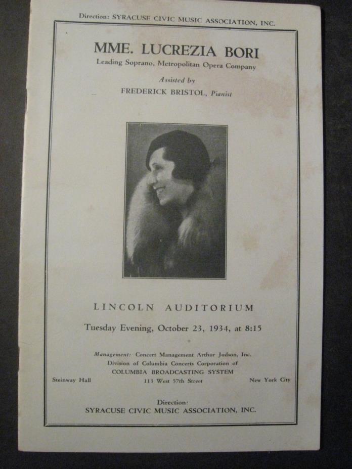 LUCREZIA BORI  Soprano OPERA SINGER VINTAGE 1934 CONCERT PROGRAM