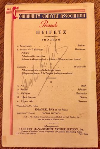 JASCHA HEIFETZ Signed CONCERT PROGRAM Autograph SIGNATURE