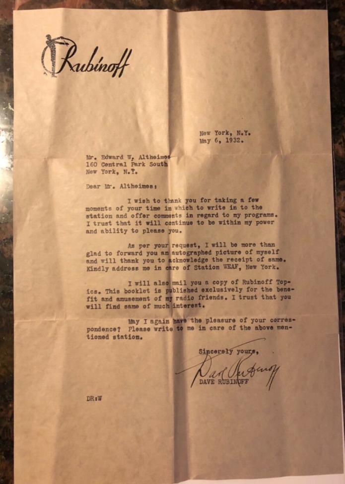 DAVID RUBINOFF - TYPED LETTER SIGNED May 6th 1932