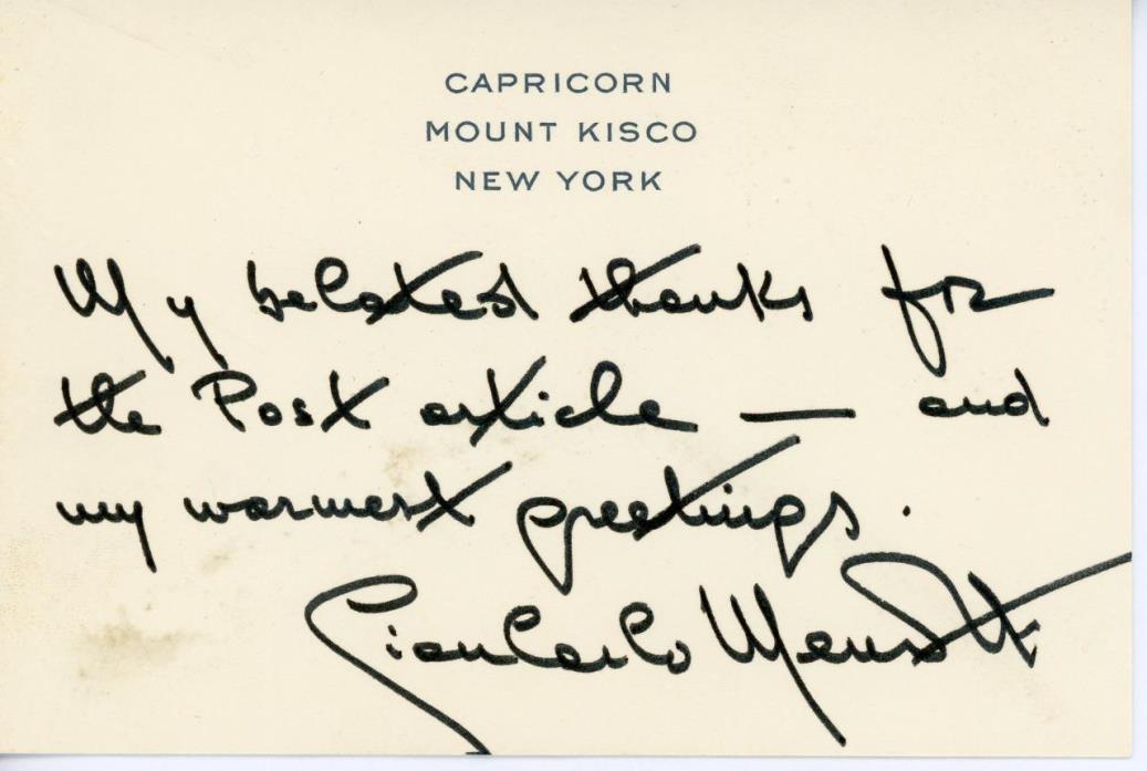 GIAN CARLO MENOTTI   handwritten NOTE 1969    COMPOSER   RARE