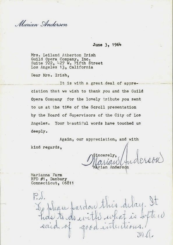 Rare MARIAN ANDERSON Signed Letter + Postscript