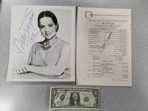 THREE Bidu Sayao rare signed vintage items: 1952 8x10, 1947 program AND $1 bill