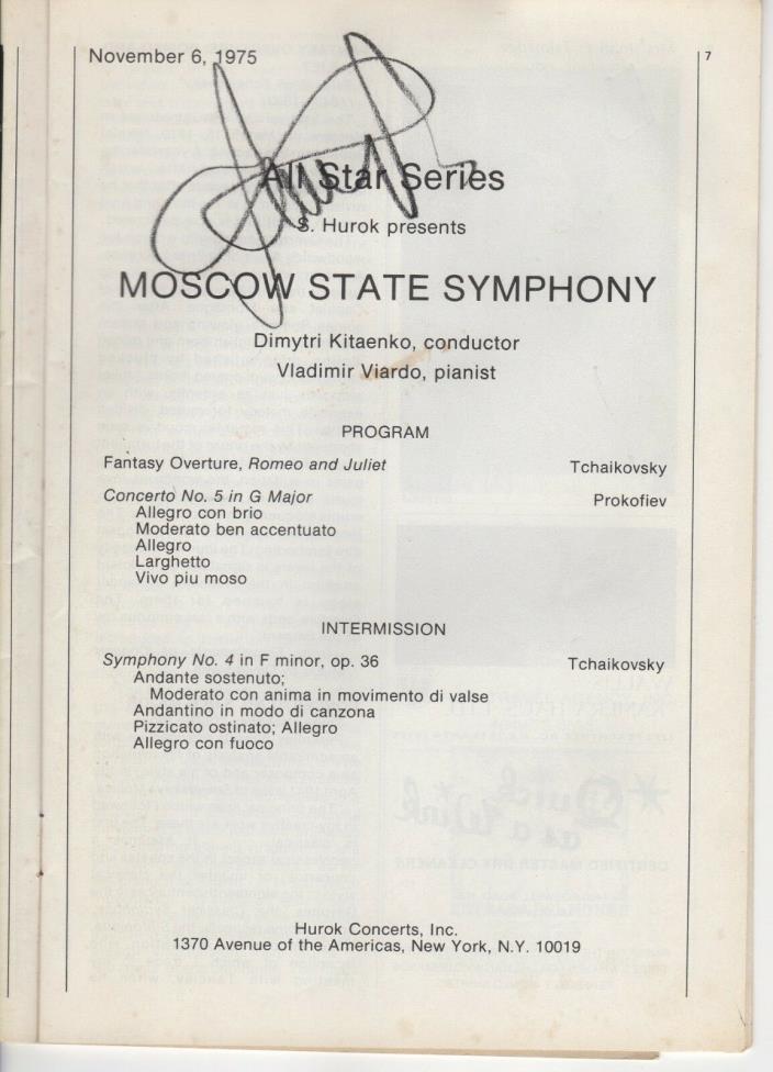 Dmitri Dimytri Kitaenko Signed Program Autograph Moscow Symphony Conductor 1976
