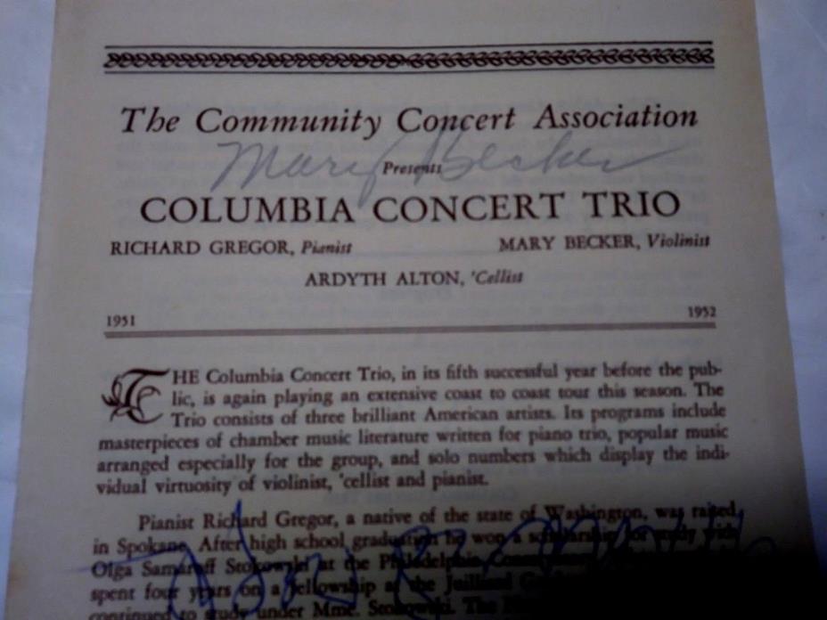 Concert Trio Richard Gregor Mary Becker Ardyth Alton Cellist Violinst Sign 50's