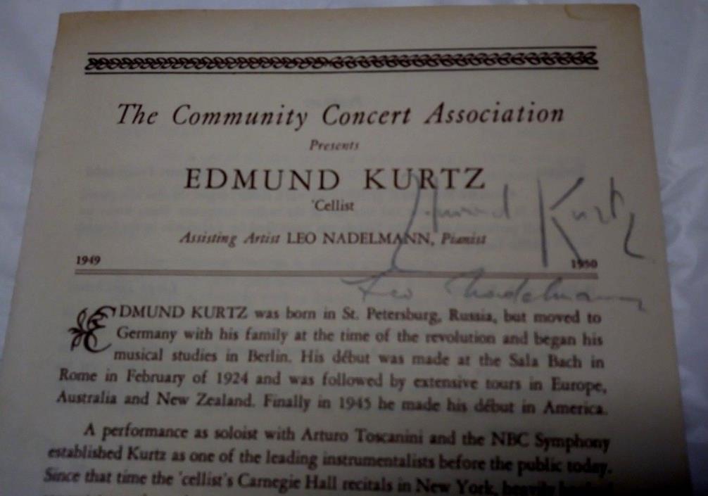 Edmund Kurtz Cellist Leo Nadelmann Pianist Signatures 50's Community Concert
