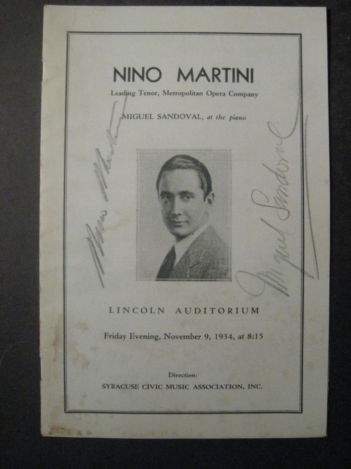 NINO MARTINI ITALIAN OPERA SINGER VINTAGE AUTOGRAPH SIGNED 1934 CONCERT PROGRAM