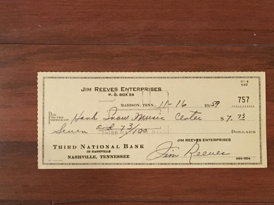 JIM REEVES AUTOGRAPH CHECK SIGNED BY JIM REEVES TO HANK SNOW MUSIC CERTIFICATE
