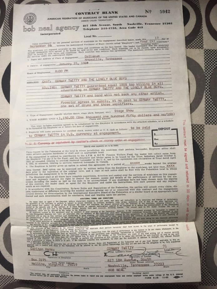 Country Music Legend ConwayTwitty & The Lonely Blue Boys 1968 Concert Contract