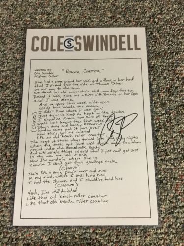Cole Swindell Signed Autograph 11x17 Roller Coaster Lyric Poster