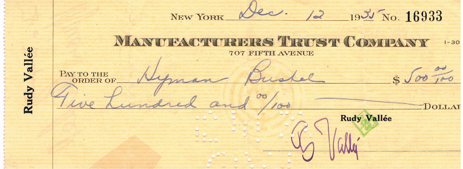 Rudy Vallee Signed check COA UACC