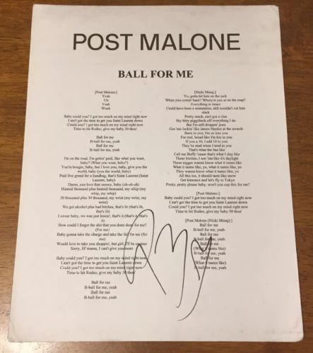 Post Malone Signed 8.5x11 Ball For Me Lyrics Music Sheet Paper Photo Rap Rapper