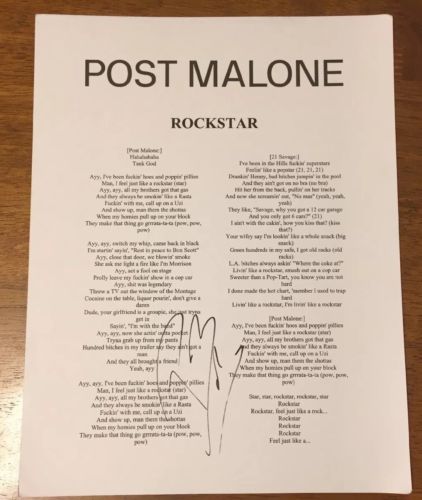 Post Malone Signed 8.5x11 Rockstar Lyrics Music Sheet Paper Photo Rap Rapper
