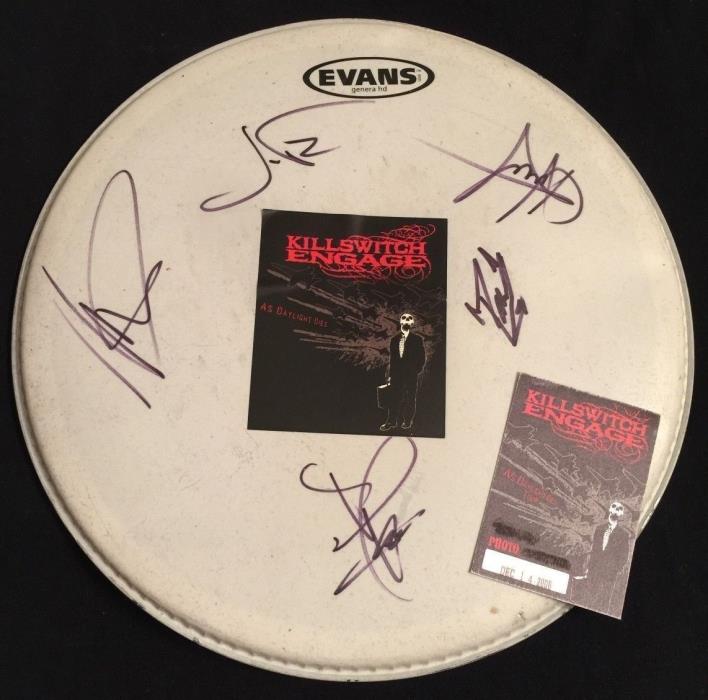 KILLSWITCH ENGAGE BAND SIGNED AUTOGRAPHED CONCERT USED DRUMHEAD BACKSTAGE PASS