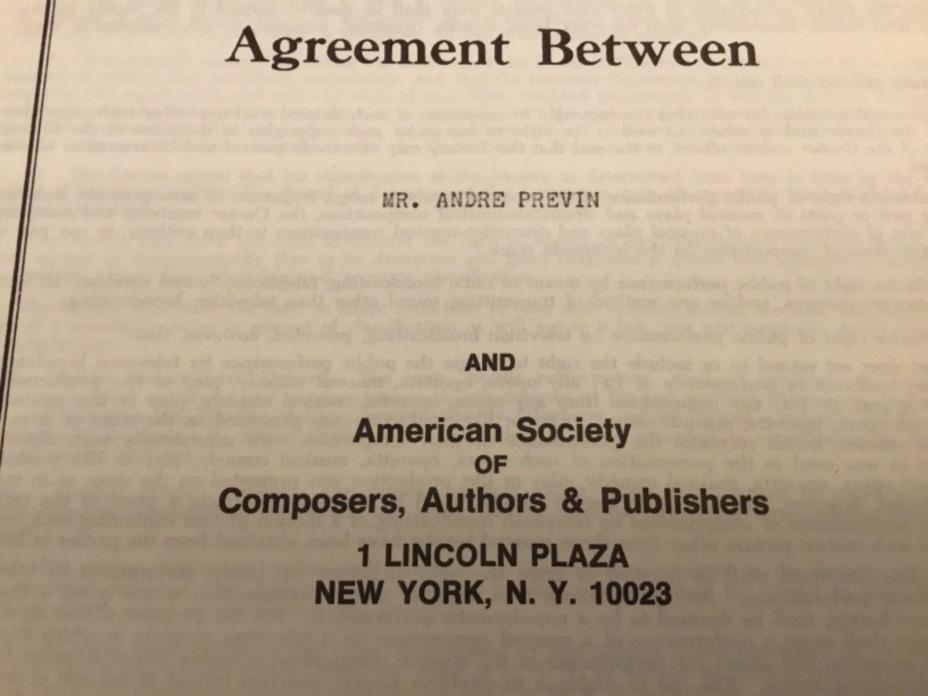 ANDRE PREVIN SIGNED CONTRACT/AGREEMENT ASCAP ROYALTIES FOR 1976-1985