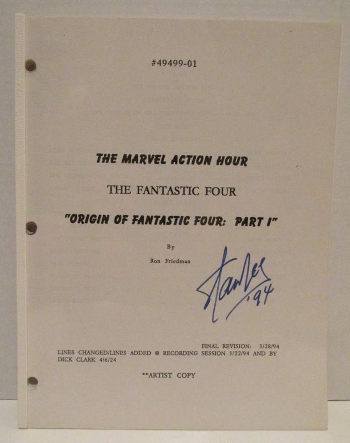 STAN LEE Signed Marvel Action Hour Artist Script, 1994 - Autograph, RARE