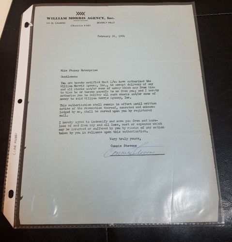 CONNIE STEVENS signed WILLIAM MORRIS AGENCY INC contract FEBRUARY 26 1964 Grease