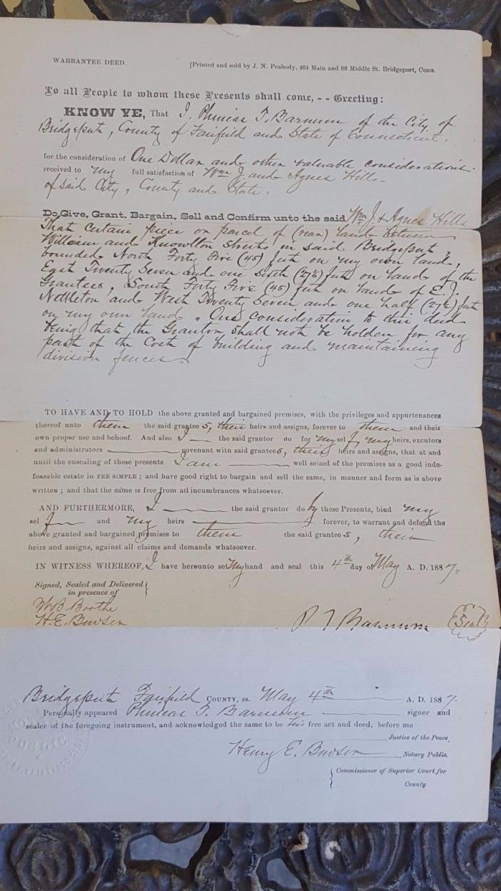 Original 1887 Phineas T. Barnum signed Warranty Deed  Bridgeport Connecticut