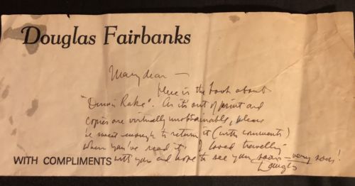 Douglas Fairbanks Personal Note To “MARY DEAR” Hartline Donahue, Verified By MHD