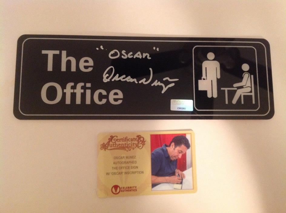 Oscar Nunez signed The Office 9x3 inch plastic sign Celebrity Authentics COA NBC