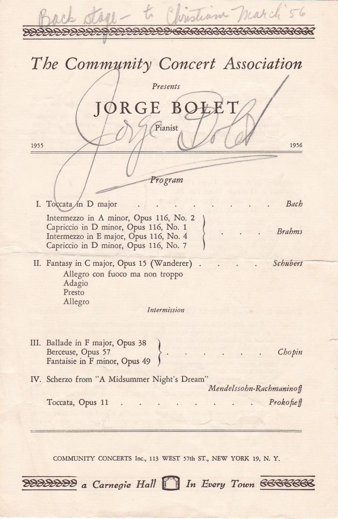 Jorge Bolet Concert Pianist and Soloist Hand Signed Program 1956