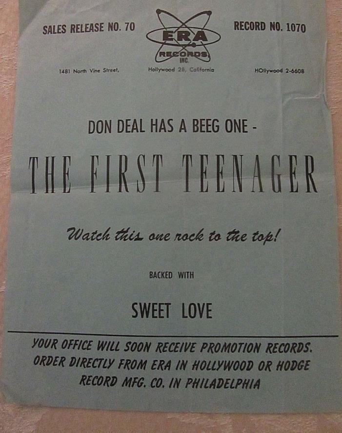 DON DEAL / THE FIRST TEENAGER - ERA RECORDS - SALES REALEASE # 70, RECORD # 1070