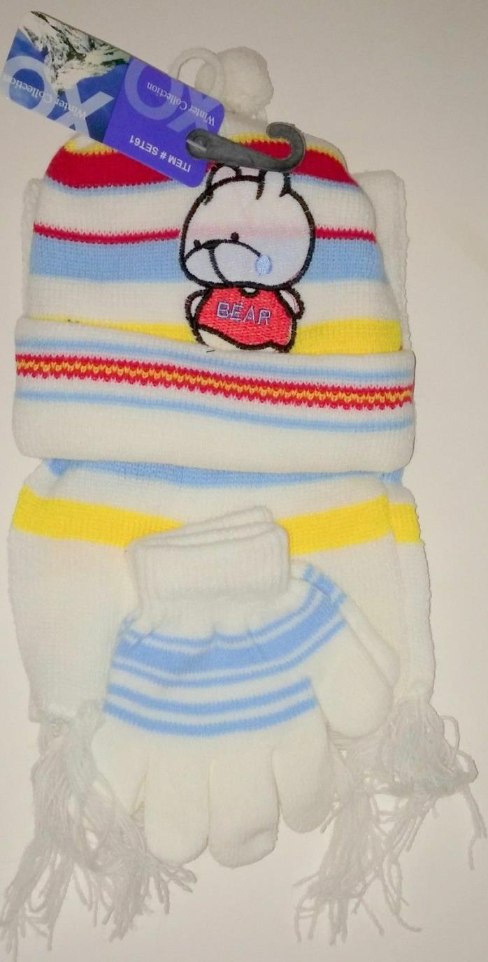 Infant Toddler Baby White Stripe Bear Winter Hat Scarf Gloves Set