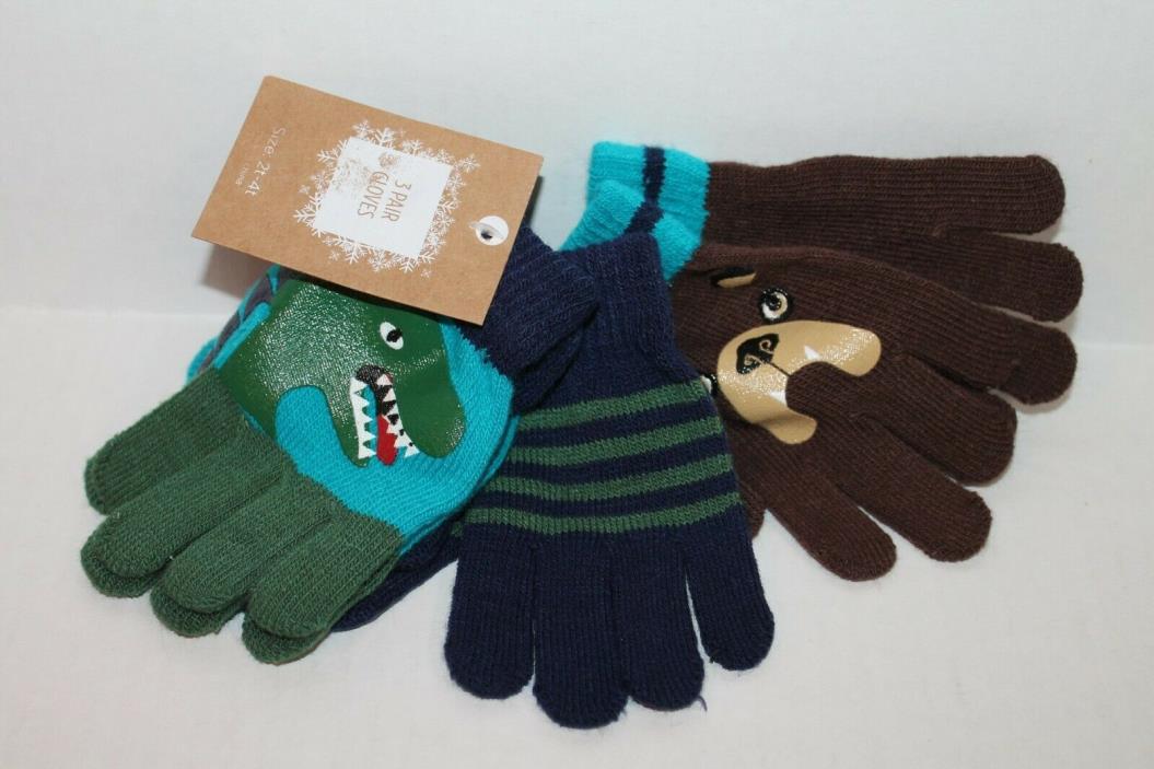 3-Pack Gloves Toddler Boys Size 2T-4T Dinosaur Striped Bulldog 3-Pair Pack NEW