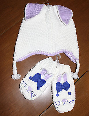 NWT GYMBOREE Lavender Bunny Crochet bunny ears Hat & Mittens Set Sz: 12-24 mos