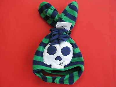New Boy 2T-4T Blue green Striped Skull Fleece Hat & Mittens Set Tassle NWT