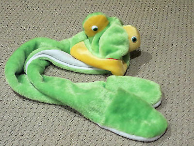 Frog hat, scarf, mittens in one, green & yellow, toddler size (ages 2-5) NEW!!