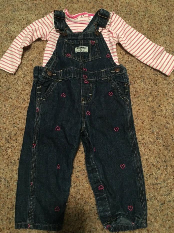 Osh Kosh Overalls and Bodysuit Pink Hearts/Stripes 12 Months